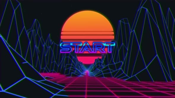 Vintage video game screen with word start written alt