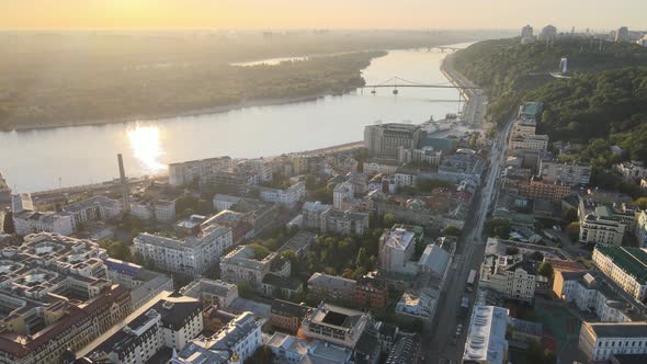 Historical District of Kyiv - Podil in the Morning at Dawn. Ukraine. Aerial View