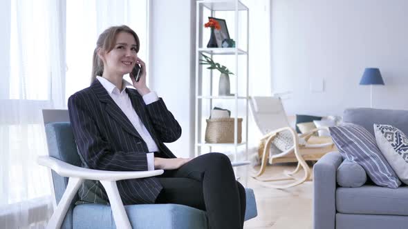 Phone Talk Young Woman Attending Call at Work