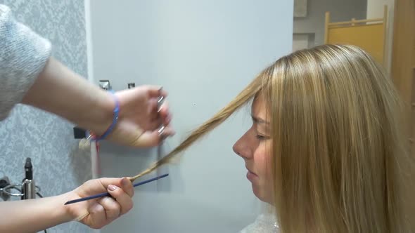 Professional Hairdresser Cutting Straight Blonde Hair Of Female Client In A Beauty Salon. close up,