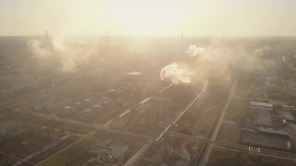 Aerial View. In the Frame Is a Chemical Industrial Complex. Many Factory Chimneys Spew Smoke