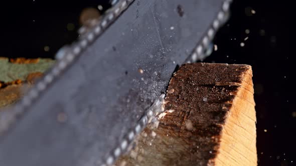 Super Slow Motion Detail Shot of Cutting Wood with Chainsaw at 1000 Fps