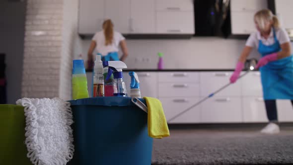 Cleaning Ladies Working in House Kitchen