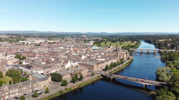 Aerial view of Perth and River Tay on a beautiful summer day. Scotland, United Kingdrom. Panning fro