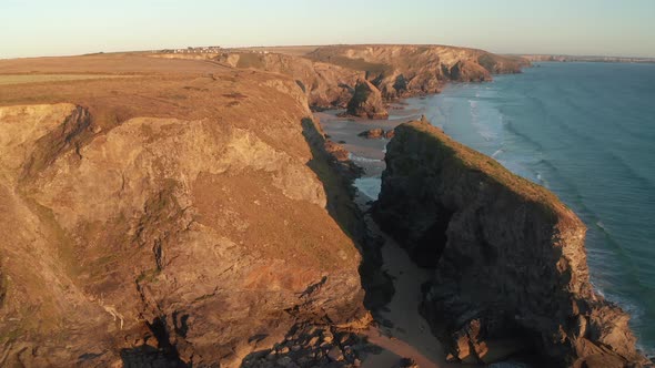 Aerial view of Bedruthan Carnewas, Cornwall, UK.