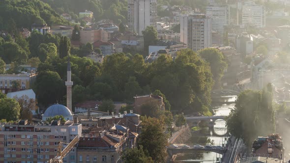 Panoramic aerial cityscape of the historical downtown of Sarajevo timelapse