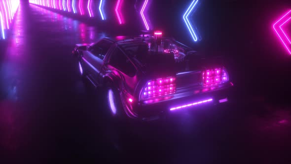 Sci Fi Car Riding In Neon Glow Arrows Tunnel