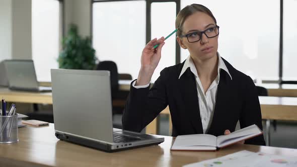 Woman Thinking Over Startup, Writing Business Ideas Into Notebook, Task Planner