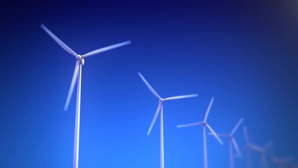 Electricity generating wind turbines spinning around. Loopable animation. HD