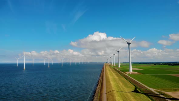 Windmill Park in the Ocean Drone Aerial View of Windmill Turbines Generating Green Energy Electric