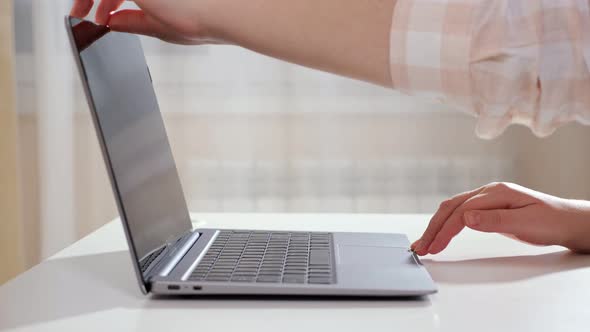 Unrecognizable Woman Opens Laptop Types Text and Closes Laptop Cover