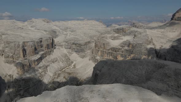 Colossal mountain range dolomites with his unique contours and colors in north Italy, Aerial Drone V