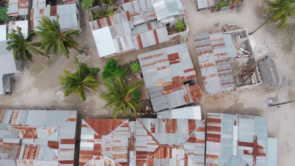 Aerial View African Slums Dirty House Roofs of Local Village Zanzibar Nungwi