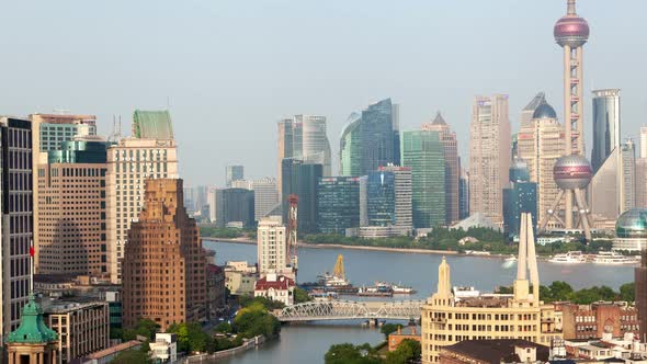 Shanghai Wusong River or Suzhou Creek Urban Cityscape Aerial Skyline Panorama Timelapse Zoom Out