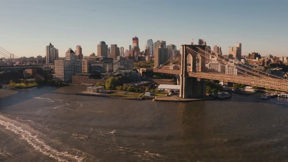 Aerial view of the Brooklyn bridge over Hudson river.