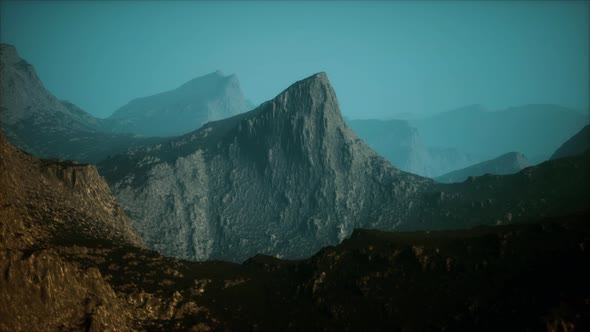 Rocks and Mountains in Deep Fog