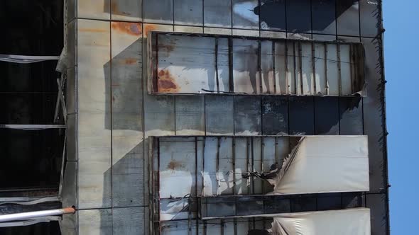 Vertical Video of a Destroyed Building of a Shopping Center in Bucha Ukraine