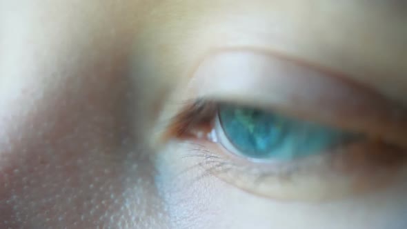 Close-up Macro Shot of Female Human Blue Green Opening Eye