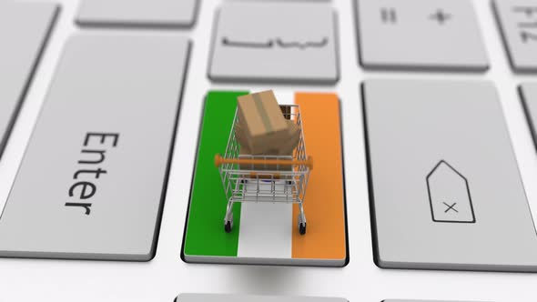 Keyboard Key with Flag of India and Shopping Cart with Boxes alt