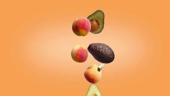 Avocados and Peaches Falling on a Colored Background