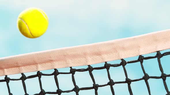 Super Slow Motion Detail Shot of Tenis Ball Hitting the Net on Top at 1000Fps