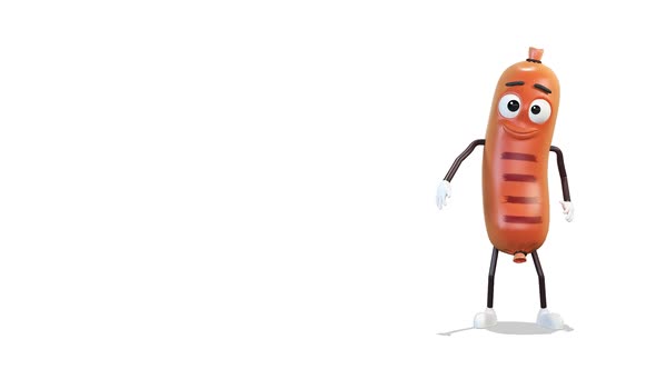 Sausage Comes Out From The Right Side Of The Screen And Greeting on White Background 