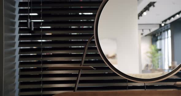 Modern Wooden Boudoir Table with Minimalist Round Mirror with Room Flowers