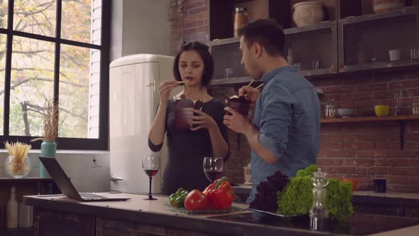 Family Eat Fast Food in Loft Room