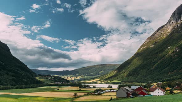 Byrkjelo Village, Sogn Og Fjordane County, Norway. Beautiful Sky Above Norwegian Rural Landscape