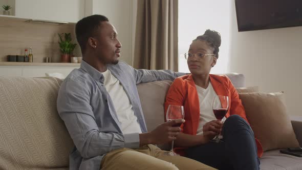 Young Adult African American Couple are Having a Conversation in Their Living Room While Drinking