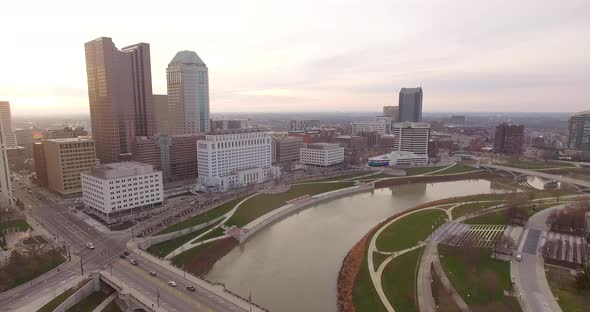 downtown Columbus Ohio skyline drone shot  at sunset