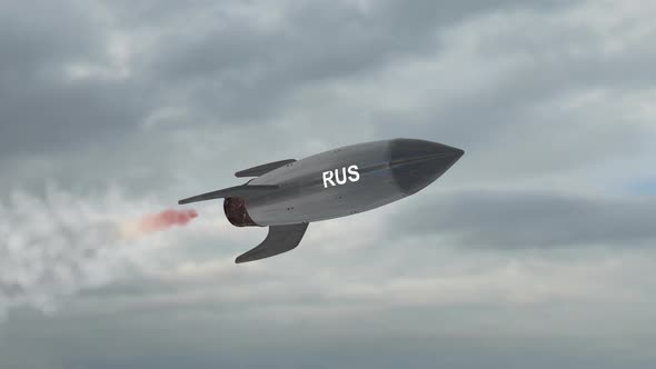 A black rocket with the Russian flag is flying in the sky.