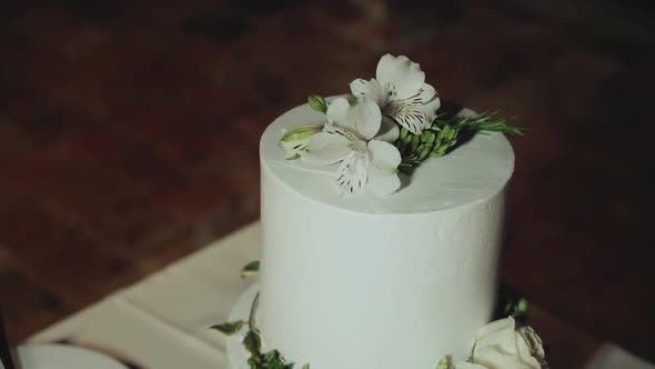 Wedding Cake Decorated with Flowers Pastel Pink Roses Slow Motion