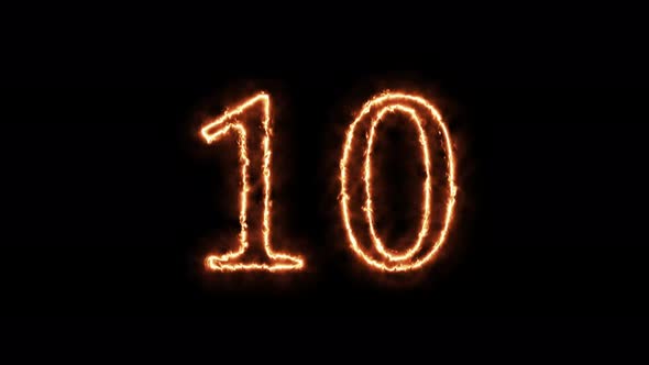 Number 10 fire. Symbol animation burning in a flame on a black background