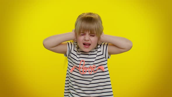 Frustrated Annoyed Irritated Kid Child Girl Covering Ears and Gesturing No Avoiding Advice Noise