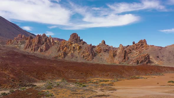 Aerial View of the Teide National Park Flight Over a Desert Rocky Surface View of the Mountains