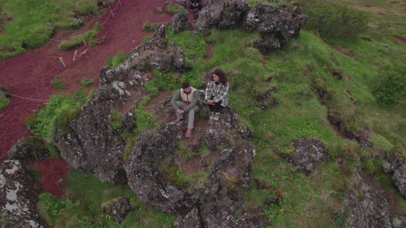 Drone Of Couple In Rocky Landscape Of Thingevillir