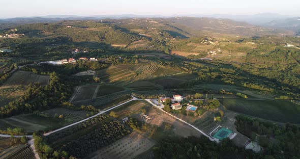 Aerial view of beautiful countryside at sunset with vineyard, Croatia.