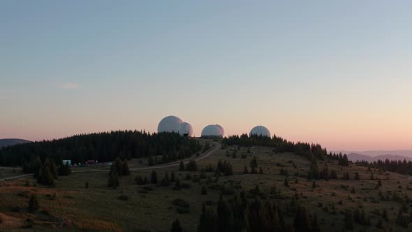 Aerial Drone View, Unusual Architecture Concept. Sunrise Over Uniquely Designed Old Radar Station in