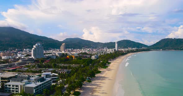 Aerial panoramic view landscape and cityscape view of Patong beach Phuket Thailand.