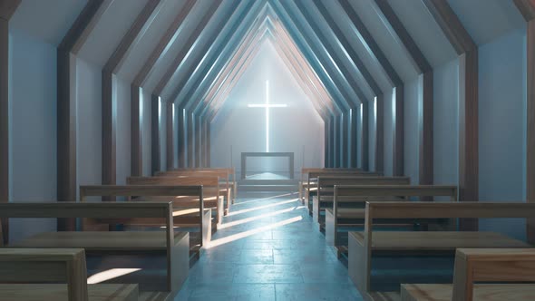 Interior of modern minimalistic chapel or church. Morning light. 4k HD