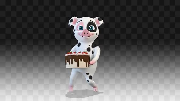 White Pig Congratulates And Dances With A Cake