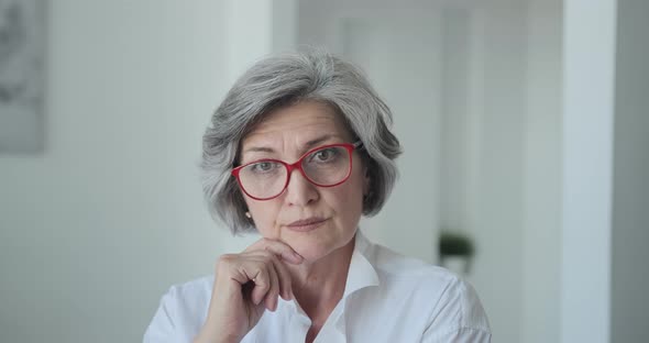 A Confident Intelligent Older Woman Manager Looking Serious Wearing Spectacles Standing in Bright