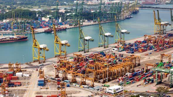 Trading Port of Singapore with Containers Terminals and Merchat Ships Timelapse