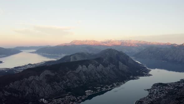 Bay of Kotor in the Adriatic Sea at sunset, southwestern Montenegro. Aerial