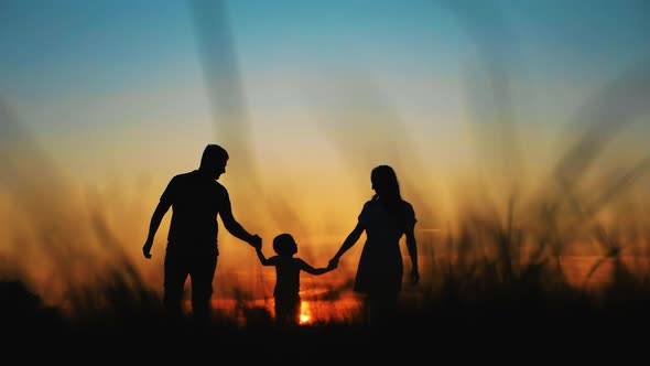 Happy Family Parents and Little Son Silhouettes Playing on Park