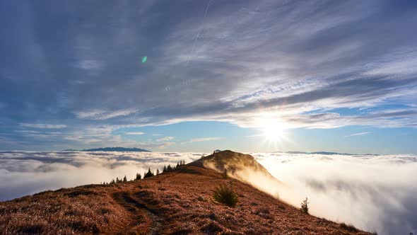 Landscape above the clouds. Clouds spill over a grassy hill with trees in a national park.