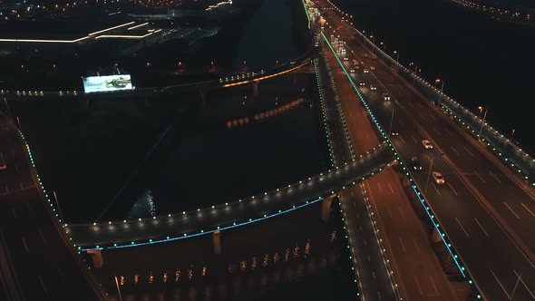 Aerial Top View of Highway Interchange at Night