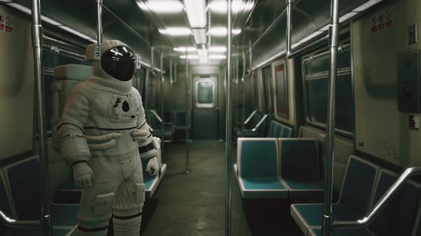 Astronaut Inside of the Old Non-modernized Subway Car in USA alt