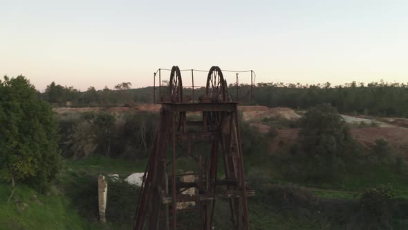 Aerial drone view of the abandoned mines of Mina de Sao Domingos, in Alentejo Portugal